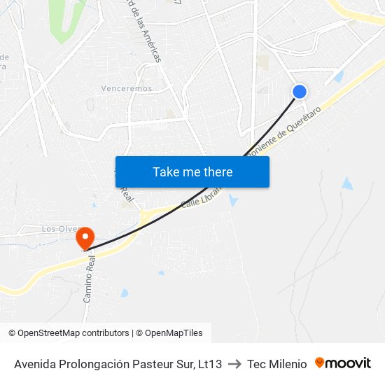 Avenida Prolongación Pasteur Sur, Lt13 to Tec Milenio map