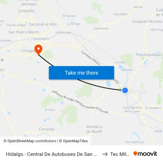Hidalgo - Central De Autobuses De San Juan Del Río to Tec Milenio map