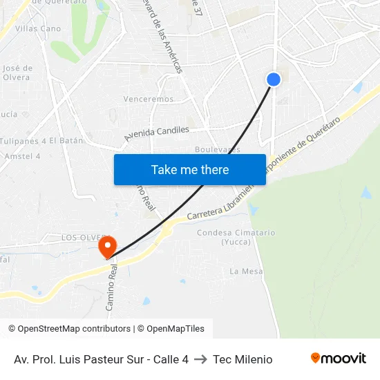 Av. Prol. Luis Pasteur Sur - Calle 4 to Tec Milenio map