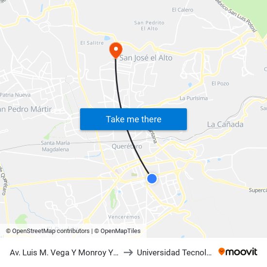 Av. Luis M. Vega Y Monroy Y Paseo De Los Romancero to Universidad Tecnológica De Querétaro map