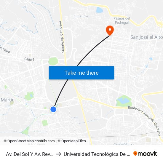 Av. Del Sol Y Av. Revolucion to Universidad Tecnológica De Querétaro map