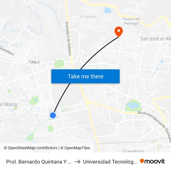 Prol. Bernardo Quintana Y Bosques De Oyamel to Universidad Tecnológica De Querétaro map