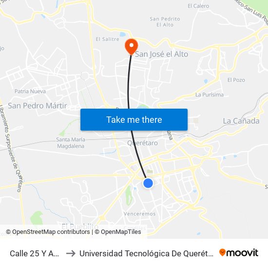 Calle 25 Y Av 8 to Universidad Tecnológica De Querétaro map