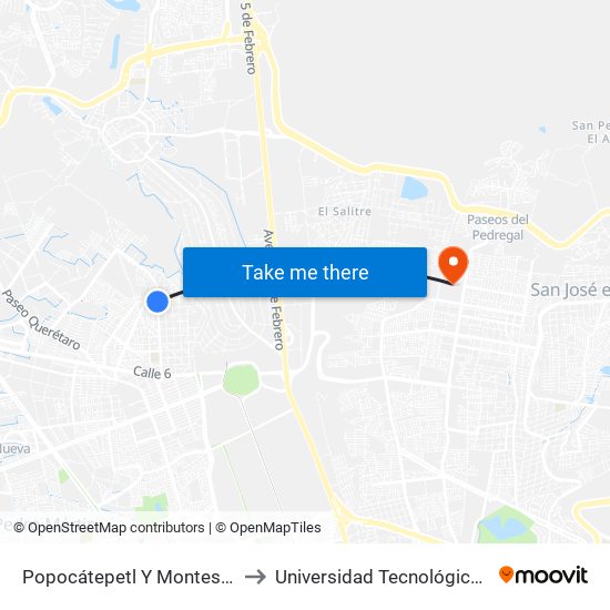 Popocátepetl Y Montes Escandinavos to Universidad Tecnológica De Querétaro map