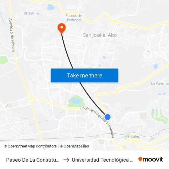 Paseo De La Constitución Y Yuca to Universidad Tecnológica De Querétaro map