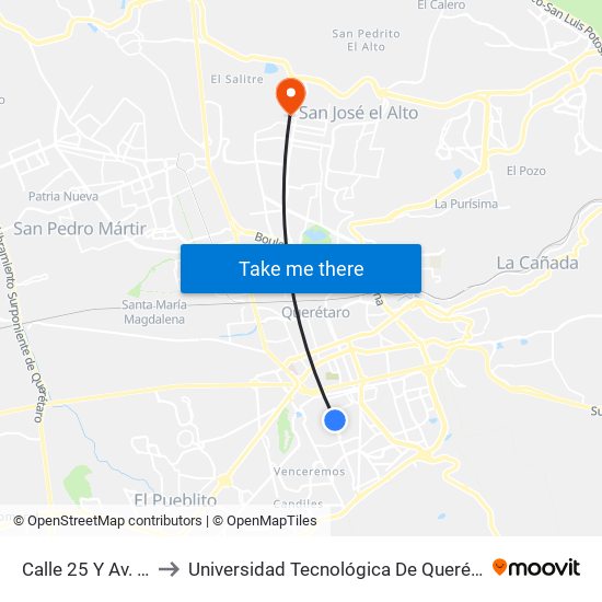 Calle 25 Y Av. 22 to Universidad Tecnológica De Querétaro map