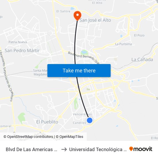 Blvd De Las Americas Y Misioneros to Universidad Tecnológica De Querétaro map