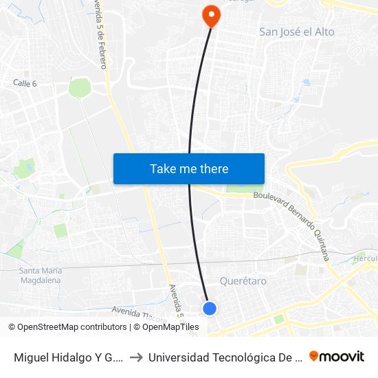 Miguel Hidalgo Y G. Garfias to Universidad Tecnológica De Querétaro map