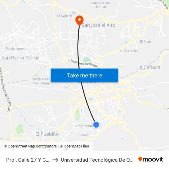 Pról. Calle 27 Y  Calle 4 to Universidad Tecnológica De Querétaro map