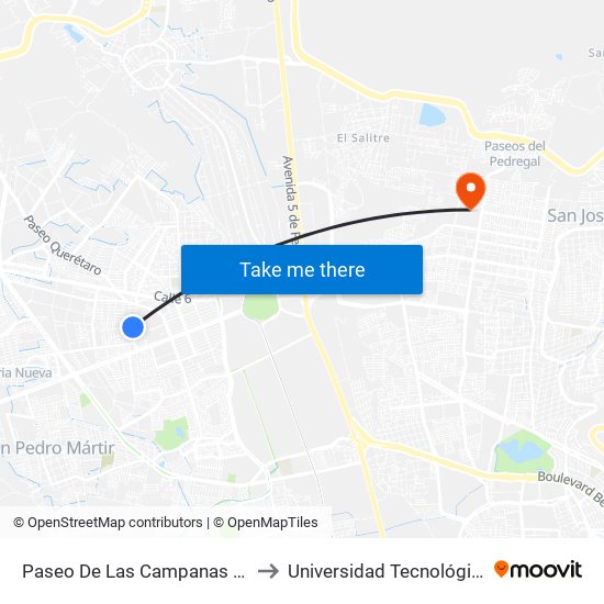 Paseo De Las Campanas Y Cerro De La Cruz to Universidad Tecnológica De Querétaro map