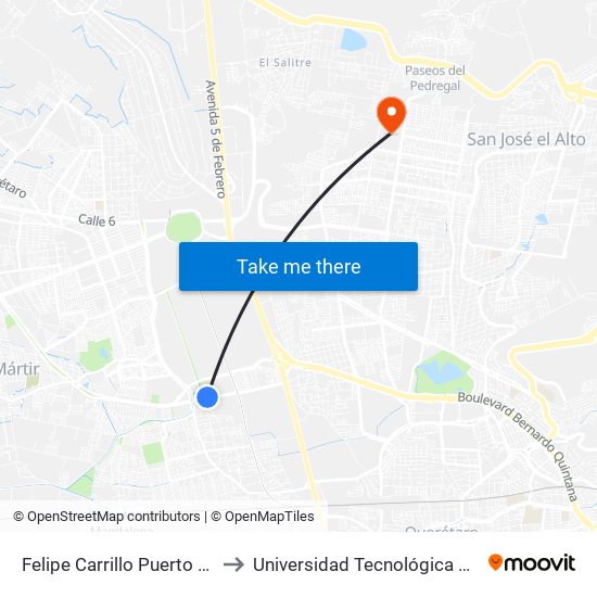 Felipe Carrillo Puerto Y Acceso II to Universidad Tecnológica De Querétaro map