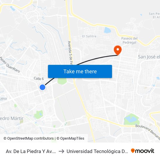 Av. De La Piedra Y Av. De La Luz to Universidad Tecnológica De Querétaro map