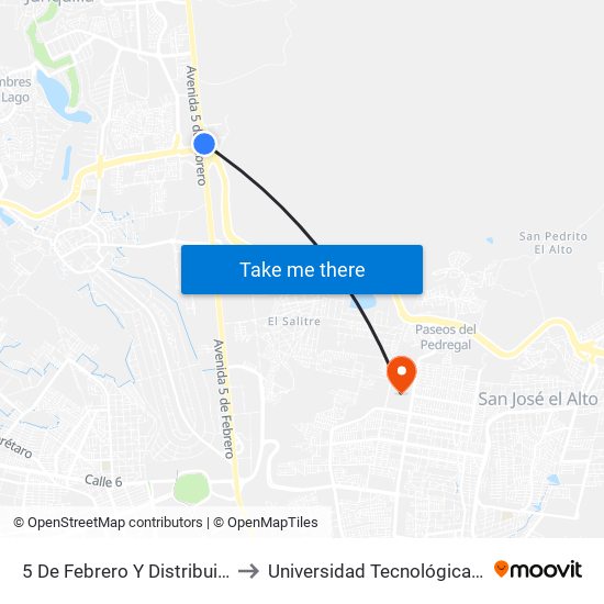 5 De Febrero Y Distribuidor Juriquilla to Universidad Tecnológica De Querétaro map