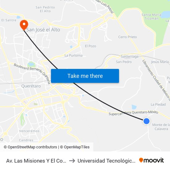 Av. Las Misiones Y El Colorado-El Rocio to Universidad Tecnológica De Querétaro map