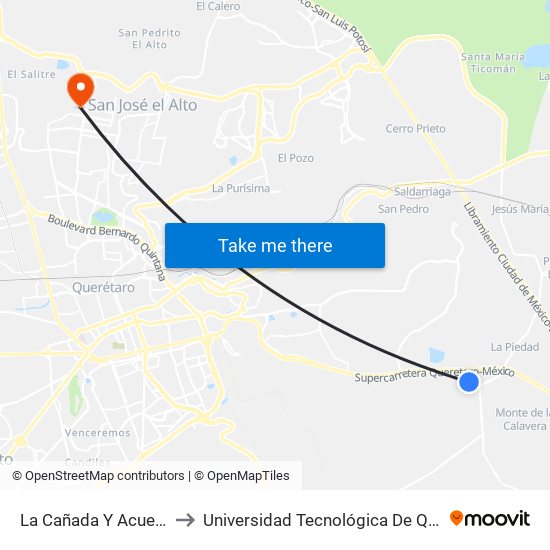 La Cañada Y Acueducto to Universidad Tecnológica De Querétaro map