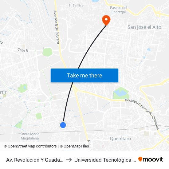 Av. Revolucion Y Guadalupe Victoria to Universidad Tecnológica De Querétaro map