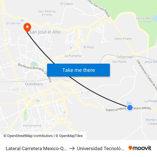Lateral Carretera Mexico-Queretaro Y El Carmen to Universidad Tecnológica De Querétaro map