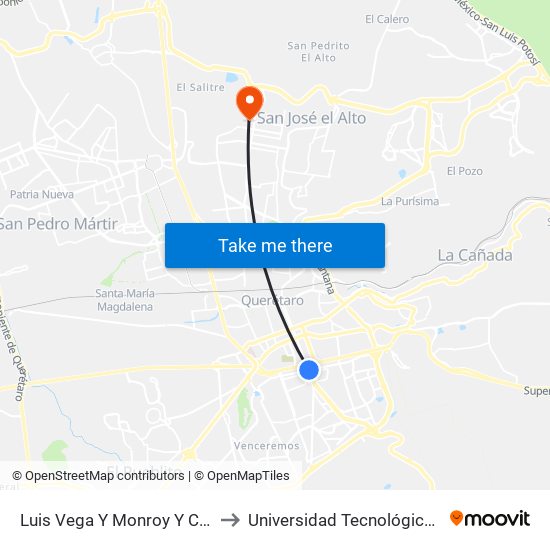 Luis Vega Y Monroy Y Corregidora Sur to Universidad Tecnológica De Querétaro map