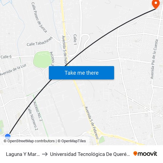 Laguna Y Mares to Universidad Tecnológica De Querétaro map