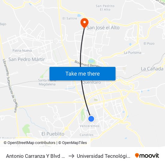 Antonio Carranza Y Blvd De Las Americas to Universidad Tecnológica De Querétaro map