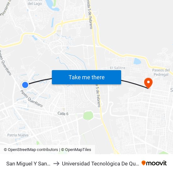 San Miguel Y San Ariel to Universidad Tecnológica De Querétaro map