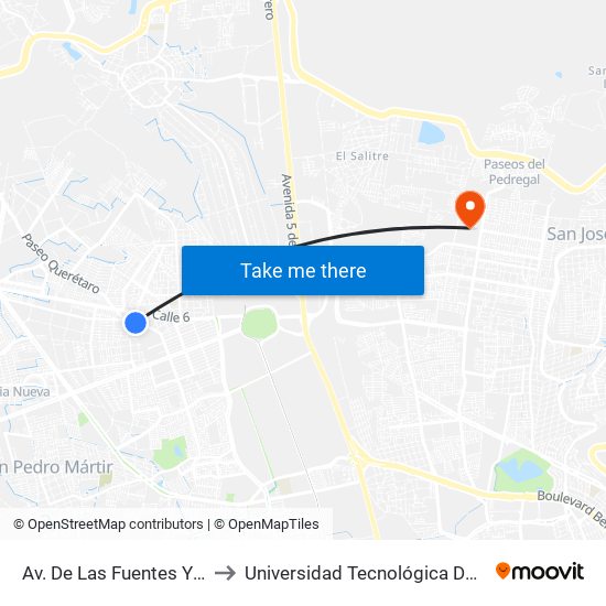 Av. De Las Fuentes Y Calle 11 to Universidad Tecnológica De Querétaro map