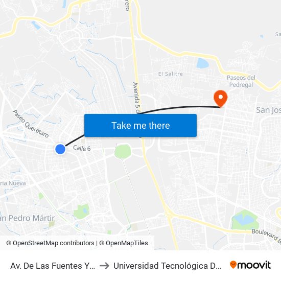 Av. De Las Fuentes Y Calle 13 to Universidad Tecnológica De Querétaro map