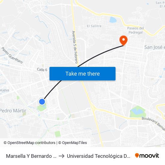 Marsella Y Bernardo De Siena to Universidad Tecnológica De Querétaro map