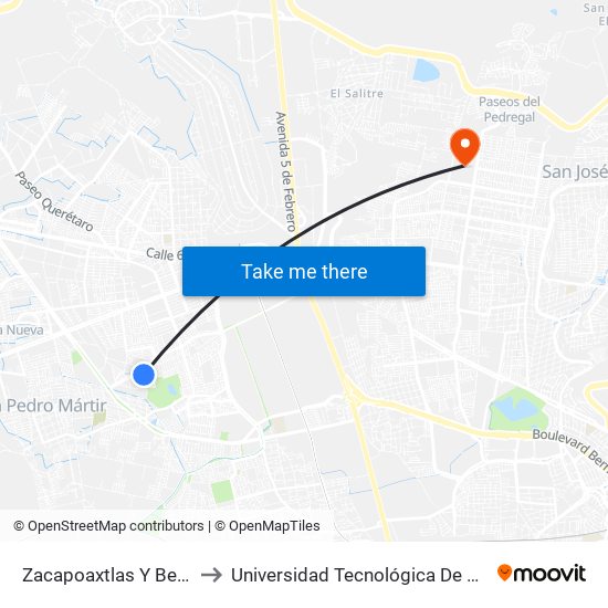 Zacapoaxtlas Y Begonias to Universidad Tecnológica De Querétaro map
