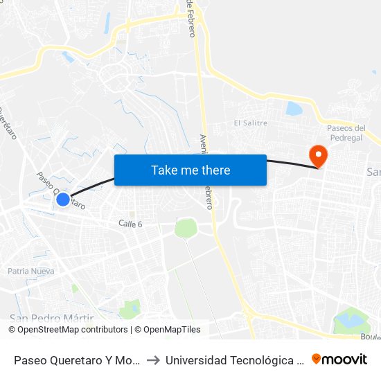 Paseo Queretaro Y Monte Caseros to Universidad Tecnológica De Querétaro map