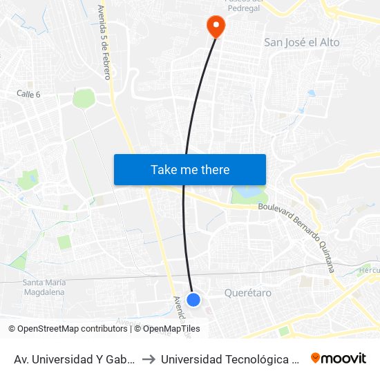 Av. Universidad Y Gabino Barrera to Universidad Tecnológica De Querétaro map