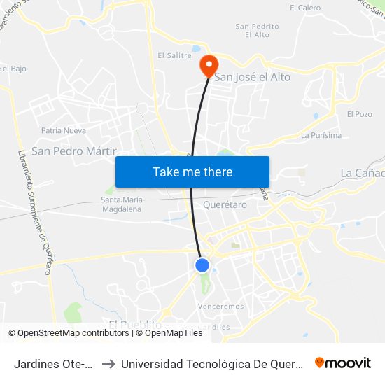 Jardines Ote-Pte to Universidad Tecnológica De Querétaro map