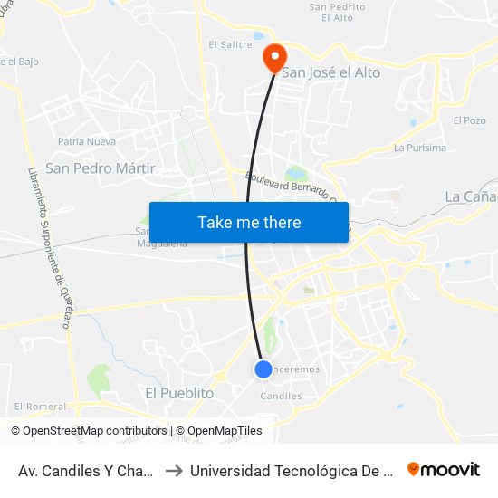 Av. Candiles Y Chabacano to Universidad Tecnológica De Querétaro map