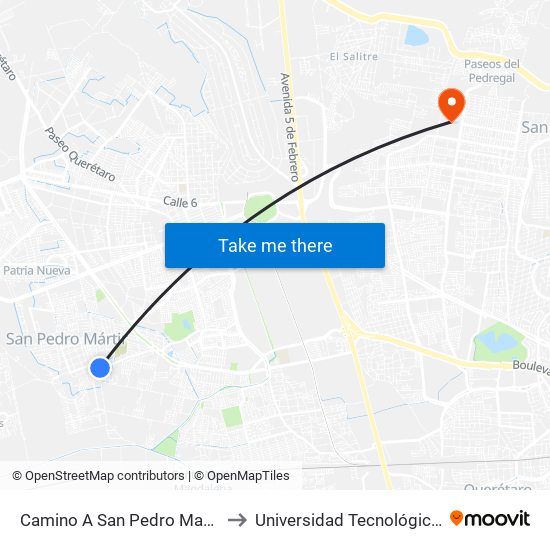 Camino A San Pedro Martir Y Valle Verde to Universidad Tecnológica De Querétaro map