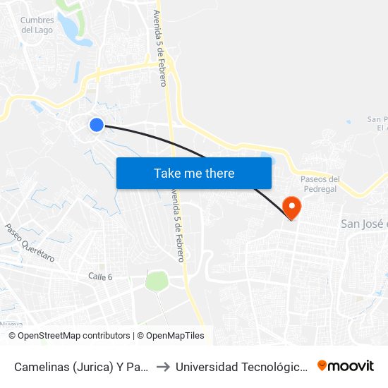 Camelinas (Jurica) Y Paseo Del Mesón to Universidad Tecnológica De Querétaro map