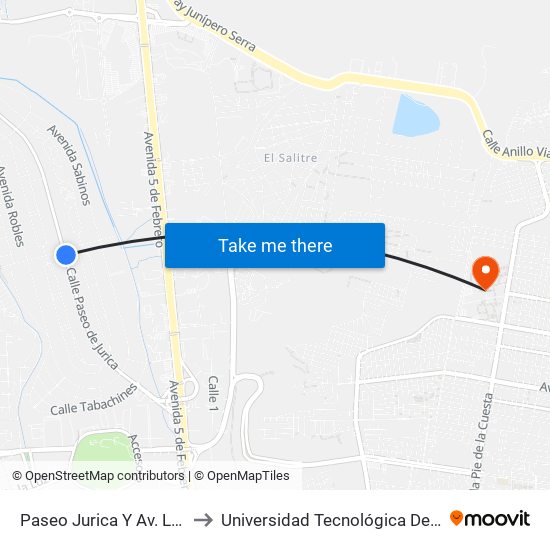 Paseo Jurica Y Av. Los Pinos to Universidad Tecnológica De Querétaro map