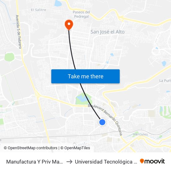 Manufactura Y Priv Manufactura 48 to Universidad Tecnológica De Querétaro map