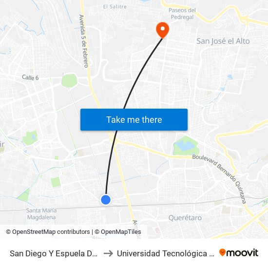 San Diego Y Espuela Del Ferrocarril to Universidad Tecnológica De Querétaro map