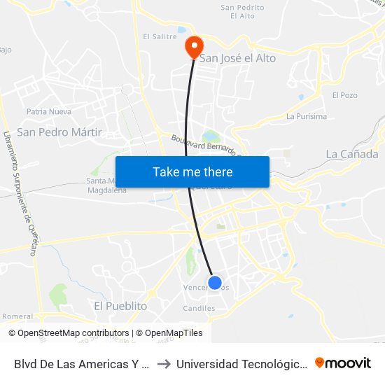 Blvd De Las Americas Y Bodega Aurrera to Universidad Tecnológica De Querétaro map