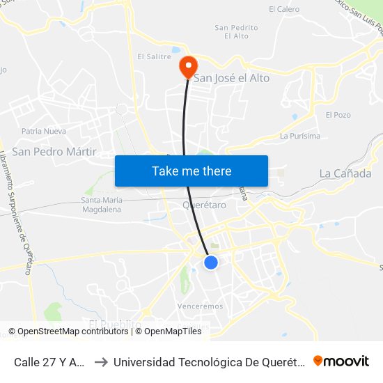 Calle 27 Y Av 8 to Universidad Tecnológica De Querétaro map