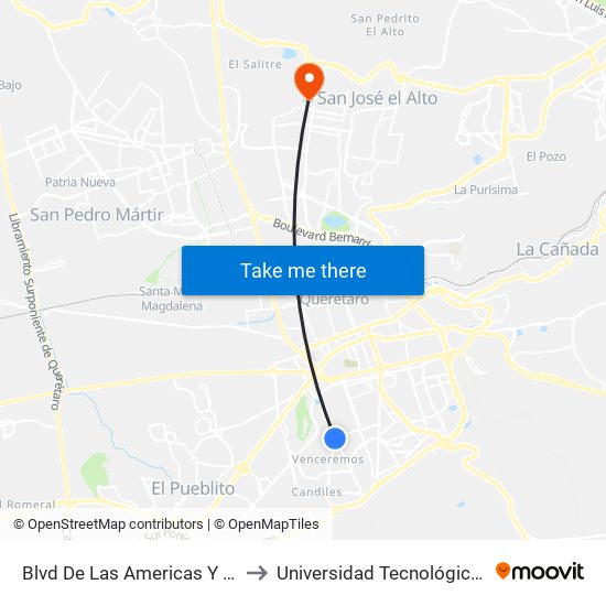 Blvd De Las Americas Y Enrique Bordes to Universidad Tecnológica De Querétaro map