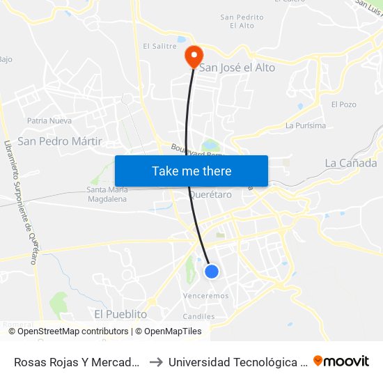 Rosas Rojas Y Mercado 4 De Marzo to Universidad Tecnológica De Querétaro map