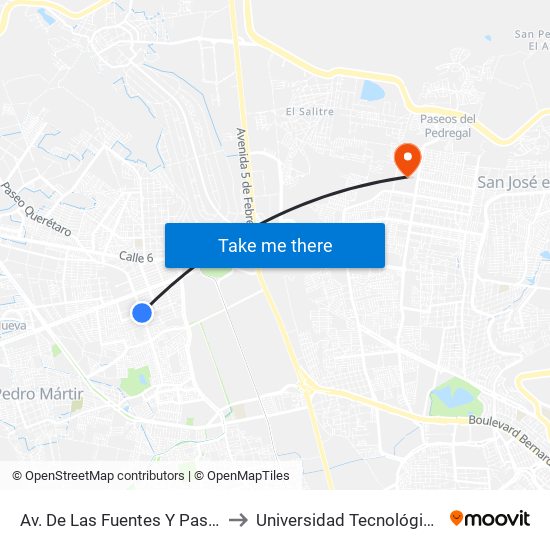 Av. De Las Fuentes Y Paseo De Las Peñas to Universidad Tecnológica De Querétaro map
