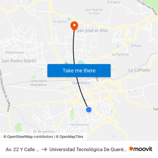 Av. 22 Y Calle 11 to Universidad Tecnológica De Querétaro map