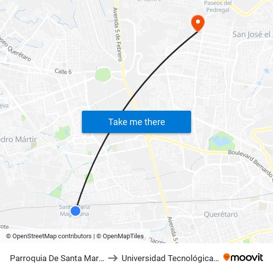 Parroquia De Santa María Magdalena to Universidad Tecnológica De Querétaro map