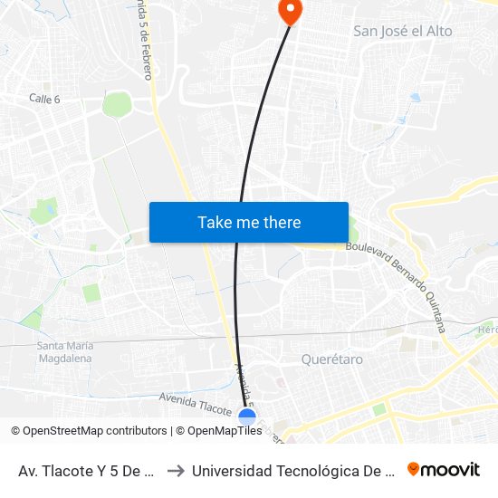 Av. Tlacote Y 5 De Febrero to Universidad Tecnológica De Querétaro map