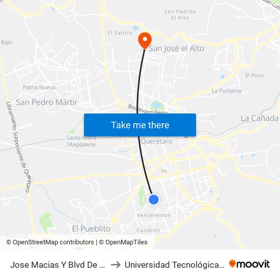 Jose Macias Y Blvd De Las Americas to Universidad Tecnológica De Querétaro map