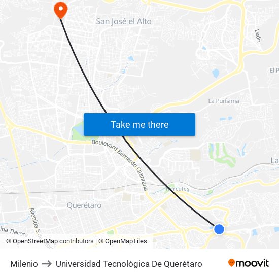 Milenio to Universidad Tecnológica De Querétaro map