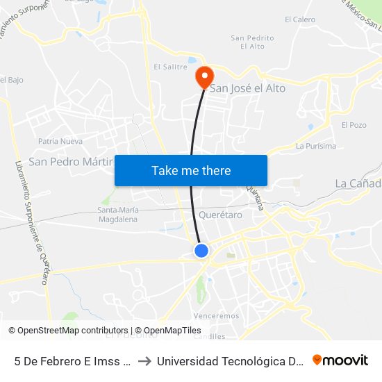 5 De Febrero E Imss Zaragoza to Universidad Tecnológica De Querétaro map