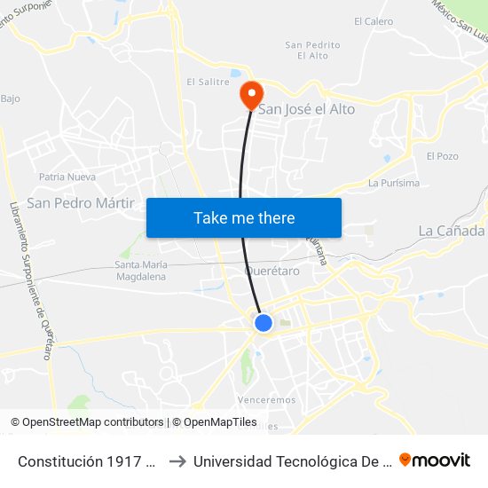 Constitución 1917 Pte - Ote to Universidad Tecnológica De Querétaro map